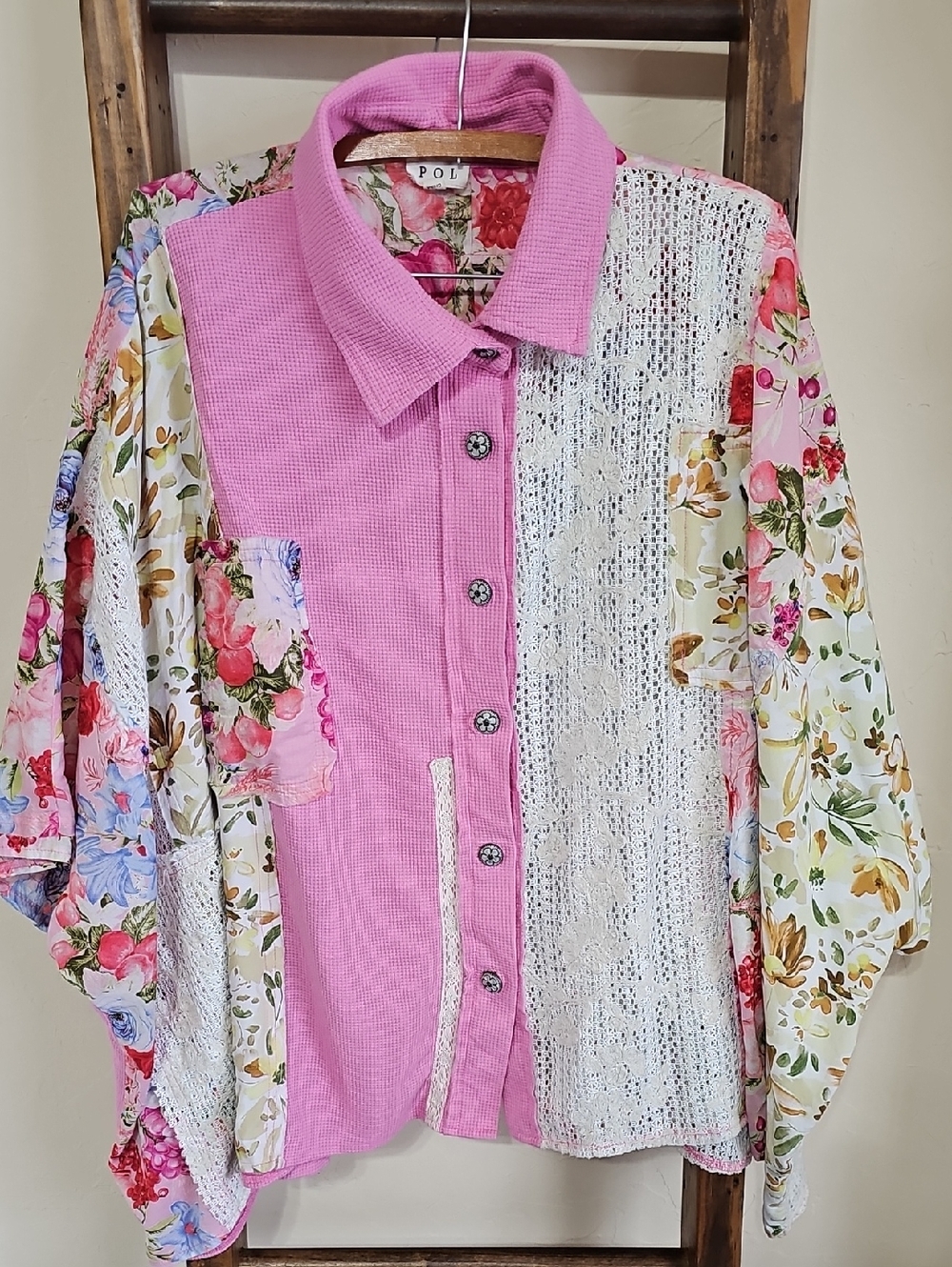 POL Pink Floral Patchwork Lace Button-Up Shirt - Picture 2 of 16